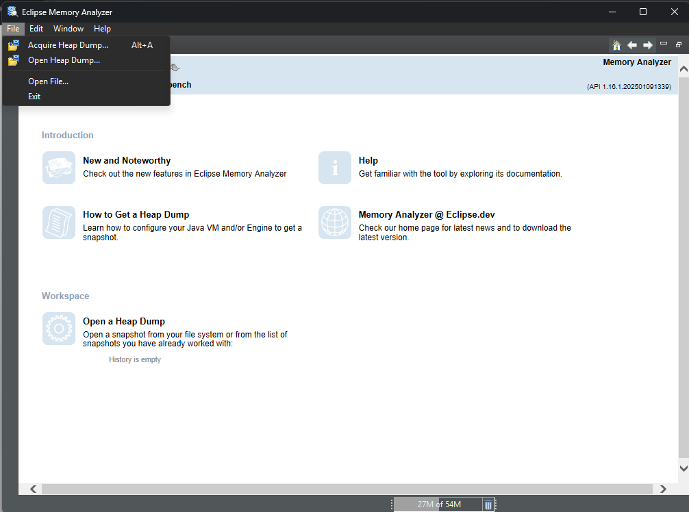 Eclipse Memory Analyzer Open Heap Dump command