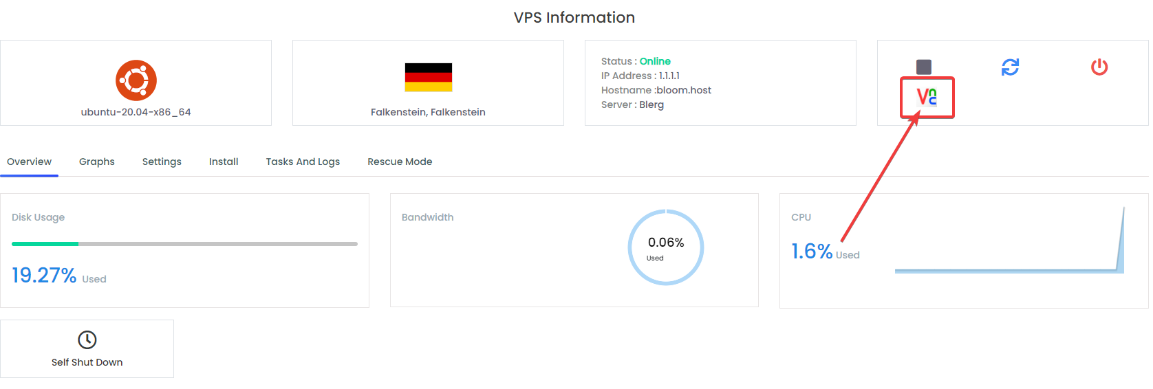 VPS panel with the VNC button highlighted