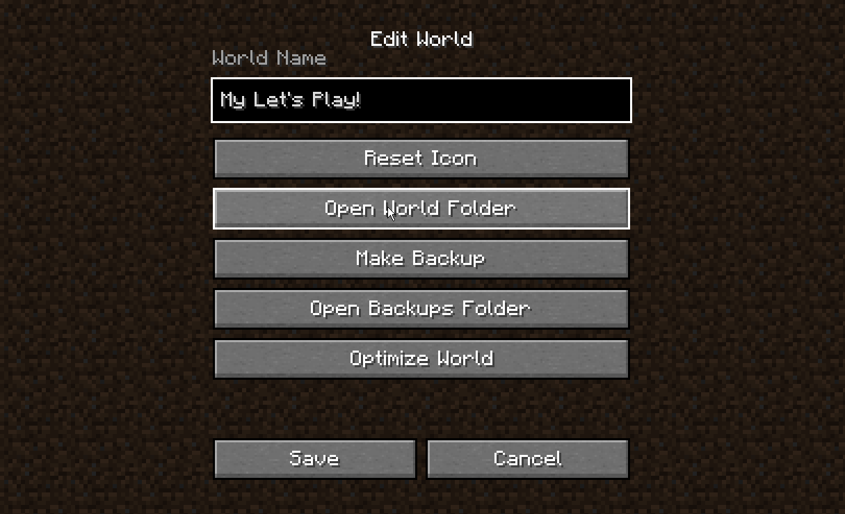 Minecraft world settings with the Open World Folder button