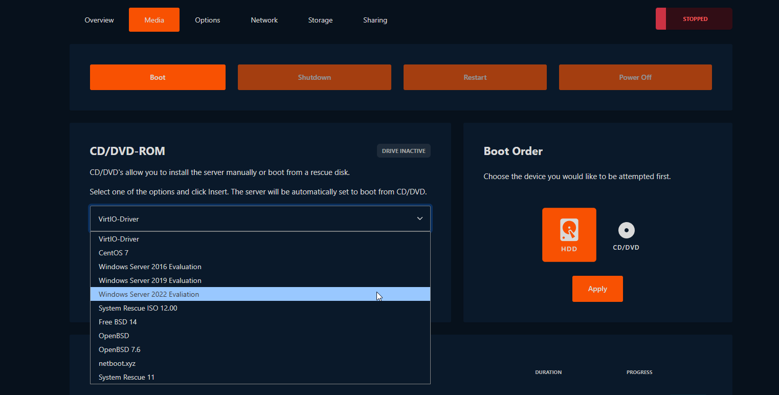 VirtFusion Media tab with the Windows Server image available