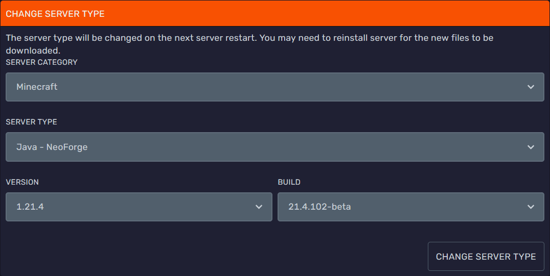 Change Server Type dialog configured to install NeoForge