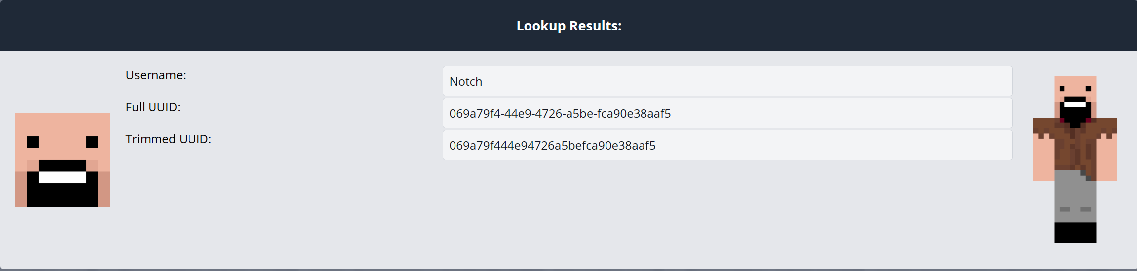 MCUUID lookup result showing a player's full UUID