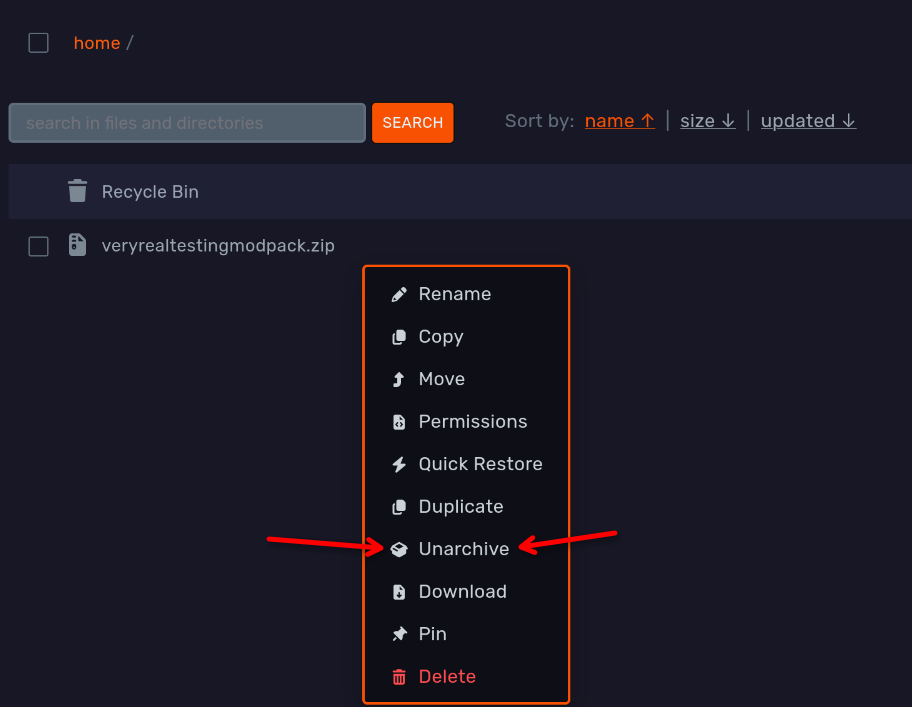 File Manager context menu with the Unarchive action